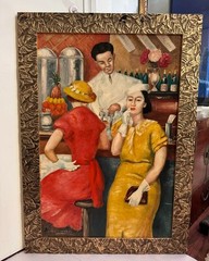 Seymour Stein, Marie Linnell, Mid Century Modernist Painting of a Cafe Scene