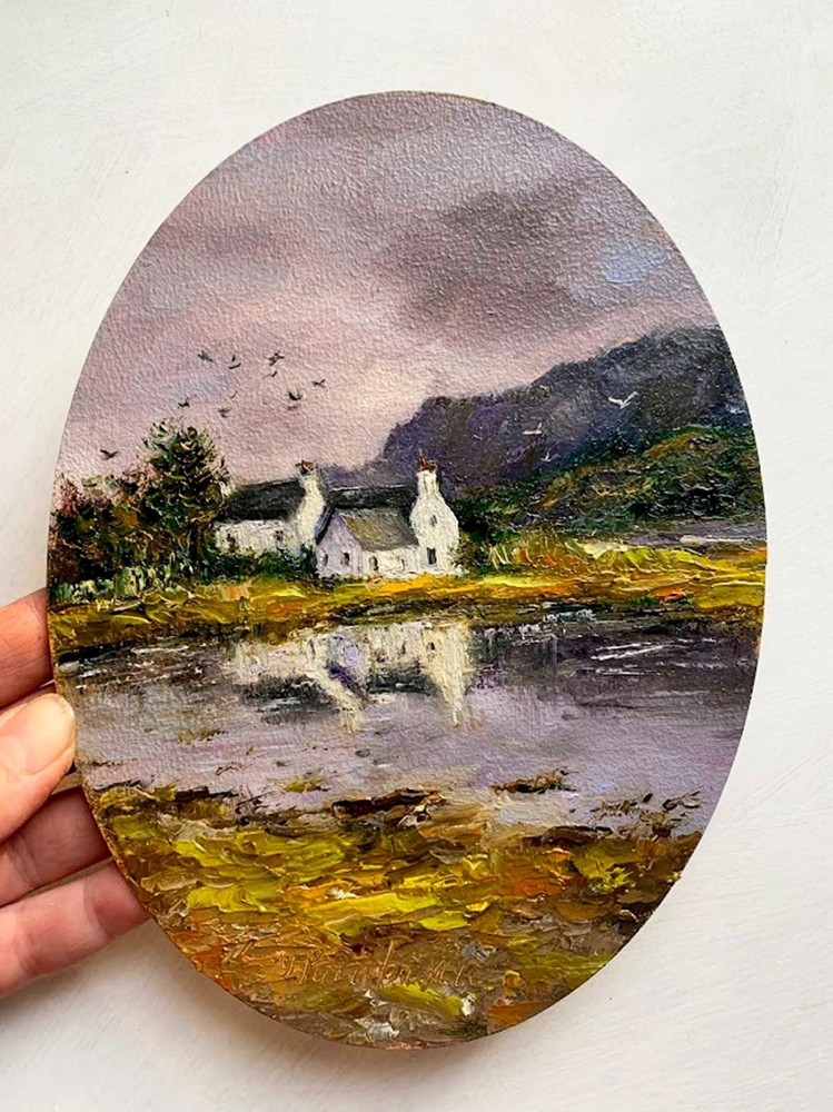Original Oil Painting Oval Landscape Irish Cottage on the lake Textured Art 6×8
