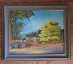 ARIZONA ARTIST, BILL RASLEY (d.) OIL PAINTING: MOUNTAINS, SAGUARO CACTUS, TREES