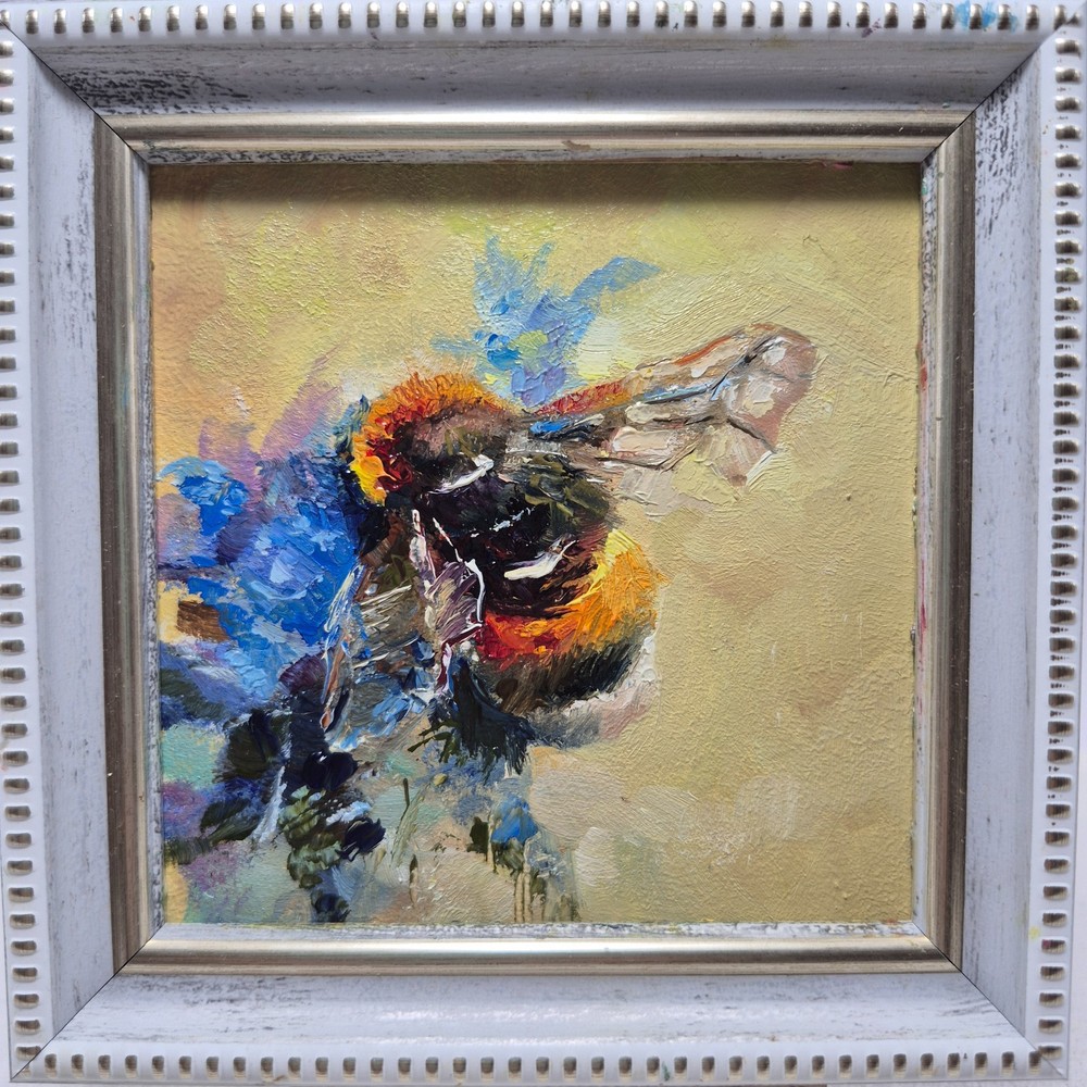 An original, autographed painting in a frame. Bumblebee, 4×4 inches