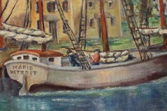 Harbor & Boats Antique Original Oil Painting, Miller 32.5″ #51894