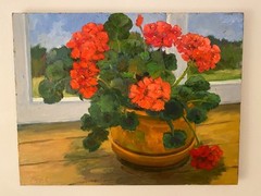 Floral Geraniums Still Life Painting by Martha E. Weber – 20th/21st Century, Oil