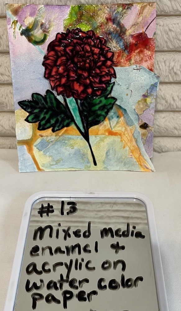 Mixed Media Floral Painting on Paper Enamel Acrylic 5×5 in Unframed