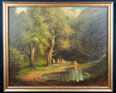 Vintage Original Landscape Oil on Canvas „Bathing Maidens“ By Gyula Asztalos