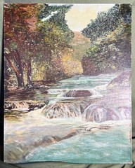 Vintage Oil Painting Landscape Artist Signed Waterfall Stream American Art Trees