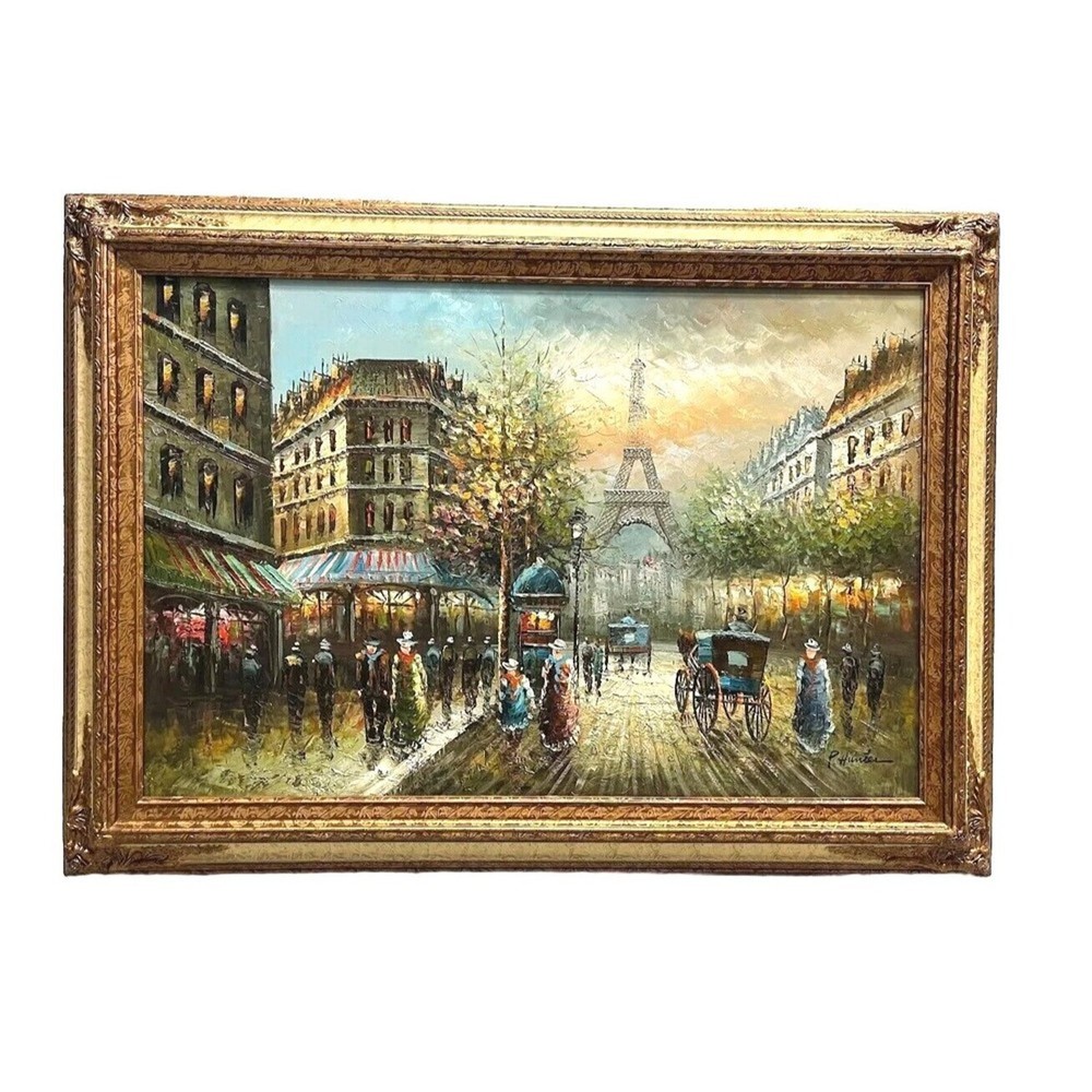 P. Hunter Painting Paris Eiffel Tower Oil on Canvas Large Frame 36in x 24 in