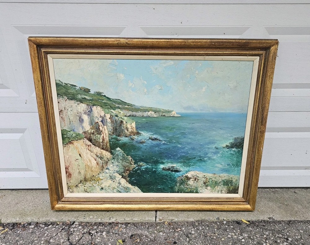 Vtg William Visintin Oil Painting Canvas Italian Seascape Ocean Cliffs 30″ x 40″