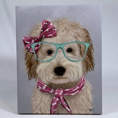 Cute Dog Canvas Wall Art Puppy with Glasses Pink Bow Pet Portrait Decor 11×14