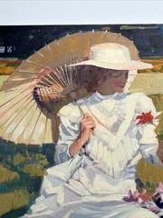 NEIL BOYLE PAINTING PRETTY WOMAN FEMALE MODEL PARK FLOWERS 24 BY 36 INCHES OIL