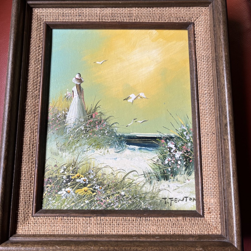 Vintage Original Oil Painting Canvas Framed SeagullGirl Seashore J.Fenton 13”x11