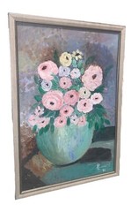 VTG ‘96 Still Life Flowers Ranunculus Roses Blue Vase Canvas Modern 18”x 25.75”