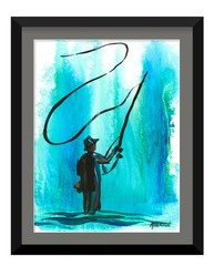 Original 9×12 Fly Fisherman Painting Western Art Abstract Trout Fishing Artwork