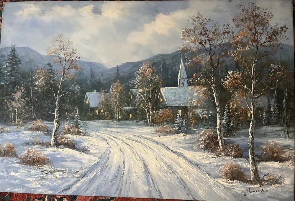 Vintage Original Oil Painting Jamison Signed Landscape Winter Country Scene Snow
