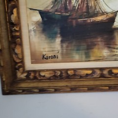44×32 Original Oil Painting Signed Karoni seaside Bay Sea View Nautical Boat Bay