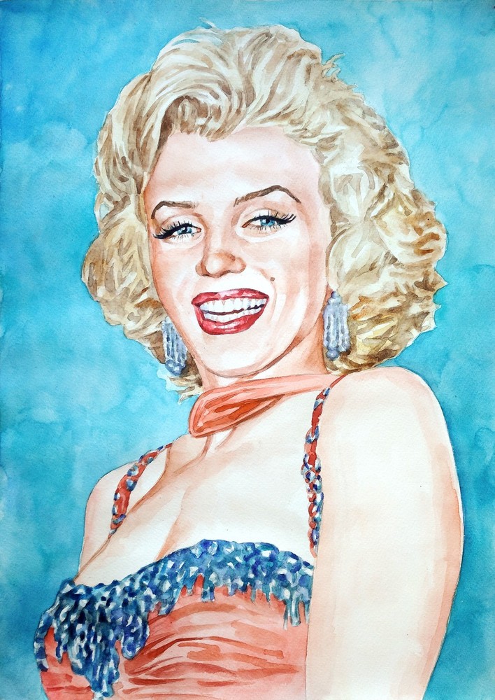 11,69 × 16,53″ Marilyn Monroe ~Coral and blue~ watercolor SIGNED/DATED