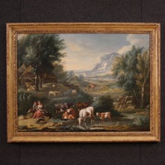 Bucolic landscape antique Italian painting oil canvas artwork art 18th century