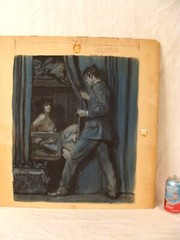 Antique Norman Price Man & Woman W/ Curtain Illustration Painting