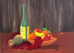 Original Oil Painting Still with Fruit Bowl And Spilled Wine