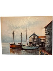 1960s Oil Painting Nautical Fishing Boat Harbor Dock Signed W Jones 16 X 12”