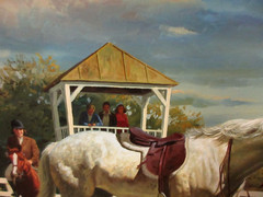 JOHN LEONE OIL PAINTING ON BOARD OF HIS EQUESTRIAN TALENTED DAUGHTER W/TROPHY