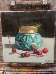 Original Still Life Oil Painting – Emerald Candle Holder By Artist Karen Chan