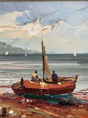 COOL ANTIQUE MID CENTURY MODERN BOAT LANDSCAPE OIL PAINTING OLD VINTAGE SEASCAPE