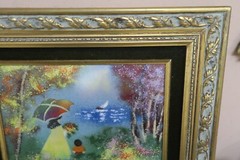 Enamel on Copper Art Painting Mother Daughter by the Lake Signed 8″x10″ Framed