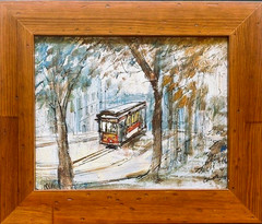 John Checkley Original Vintage Oil Painting Red Cable Car 10×8 FRAMED 13×11