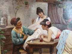 Antique 19C P Desalos Genre Family at Table O/C Painting