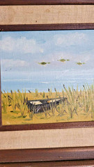 Vintage Mexican Oil Painting Coastal Landscape Ducks Mid-Century Wood Frame