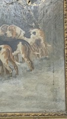 FINE ANTIQUE OIL ON CANVAS – HUNTING DOGS IN WINTER- PERIOD FRAME -READ!