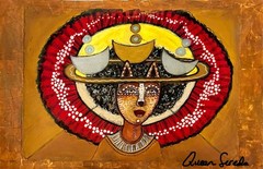 WOMAN MIXED COLLAGE IMPRESSIONISM 18X12 Masked Cat Lady Fine Art Home Decoration