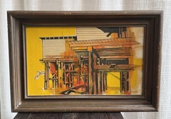 SIGNED Irwin Original MCM Painting Ocean Pier Dock Birds Framed Vintage Yellow