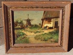 Mystery Artist Vintage Dutch Landscape with Windmills oil painting