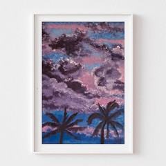Sunset Painting Landscape Palm Trees Original Wall Art Tropical Beach Seascape
