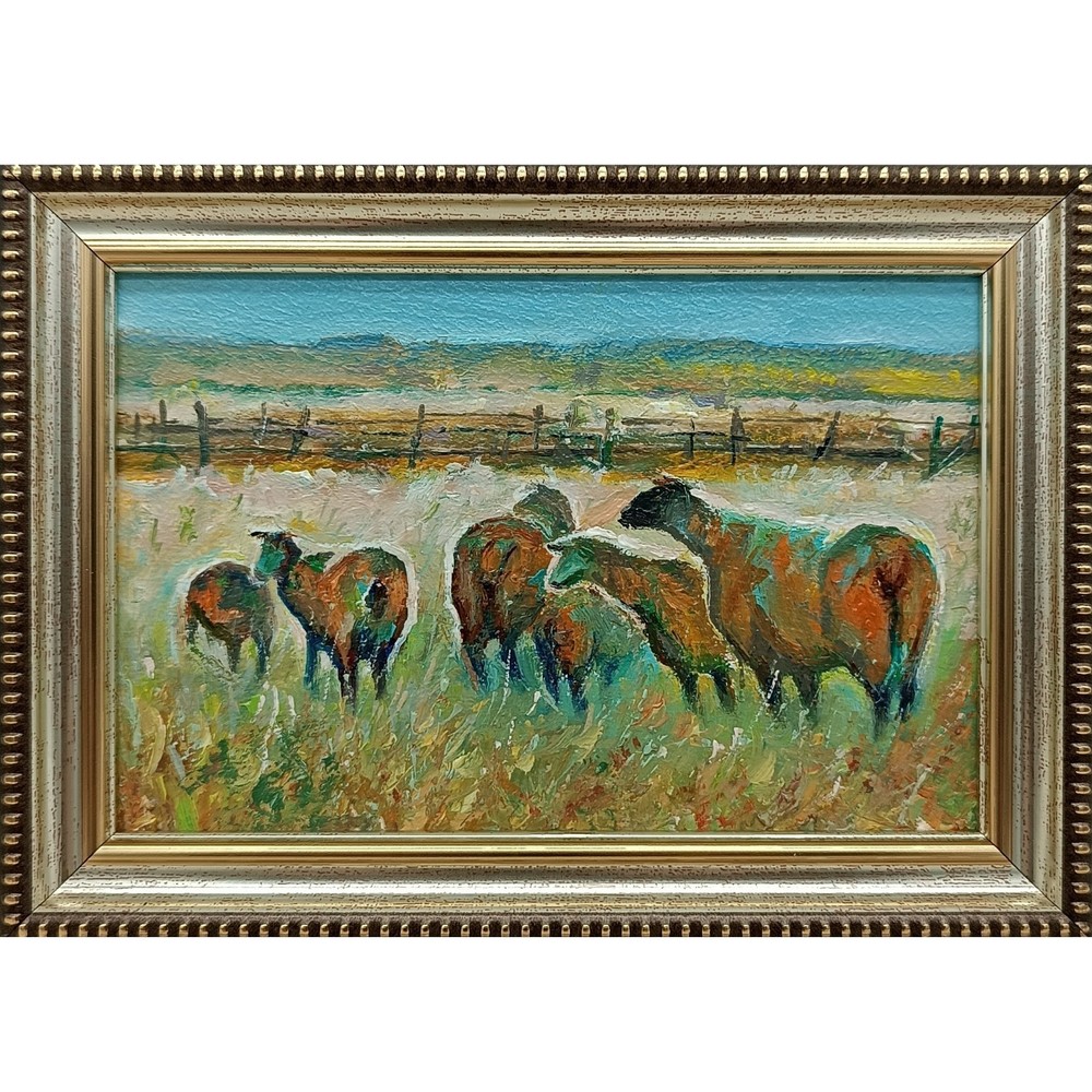 Summer nature Oil painting Original art Rural landscape sheep 6 x 4 inches
