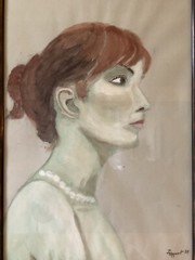 PORTRAIT YOUNG WOMAN WOMAN RED HAIR PEARL NECKLACE MODERN ART WATERCOLOUR 70s 80s