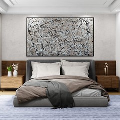 Neutral Abstract Painting Beige Black White Canvas Modern Wall Art XXL