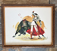 VTG MCM SIGNED ORIGINAL MATADOR BULL FIGHTING PAINTING by ARTIST CALINDOR MEXICO