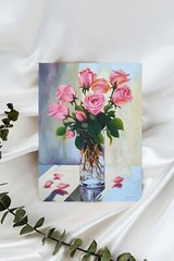 Pink roses bouquet in a glass vase, hand painted small painting, gift idea