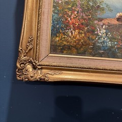 Vintage Mid 20th Century Italian Harbor Scene Gold Framed Oil on Canvas Signed