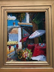 Impressionistic oil on canvas painting French Street Scene Cafe signed Zevon