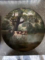 Hand Painted Wood Collector Plate Round Multicolor Cows Landscape Scene