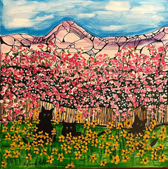Original painting 12×12″ black Cats flowers on canvas board by Lynne Kohler