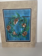 Pinecone Wreath Painting Matted Winter Holiday Decor Rustic Wall Art 14×12”
