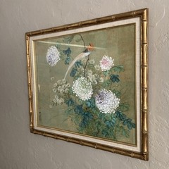Vintage Original Oil Painting Old Fine Avian Still Life Chrysanthemums Signed