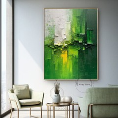 Minimalist Handmade Green And White Thick Abstract Oil Painting On Canvas Decor