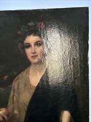 Large Antique Portrait 19th Century Master Woman Apples Glowing Landscape 46″