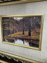 VTG Pair Signed Noel Oil Paintings on Board Forest Landscapes Gold Frames Ornate