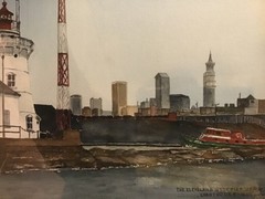 Rare OOAK Original Art Watercolor „CLEVELAND WEST PIER HARBOR LIGHTHOUSE“ Framed